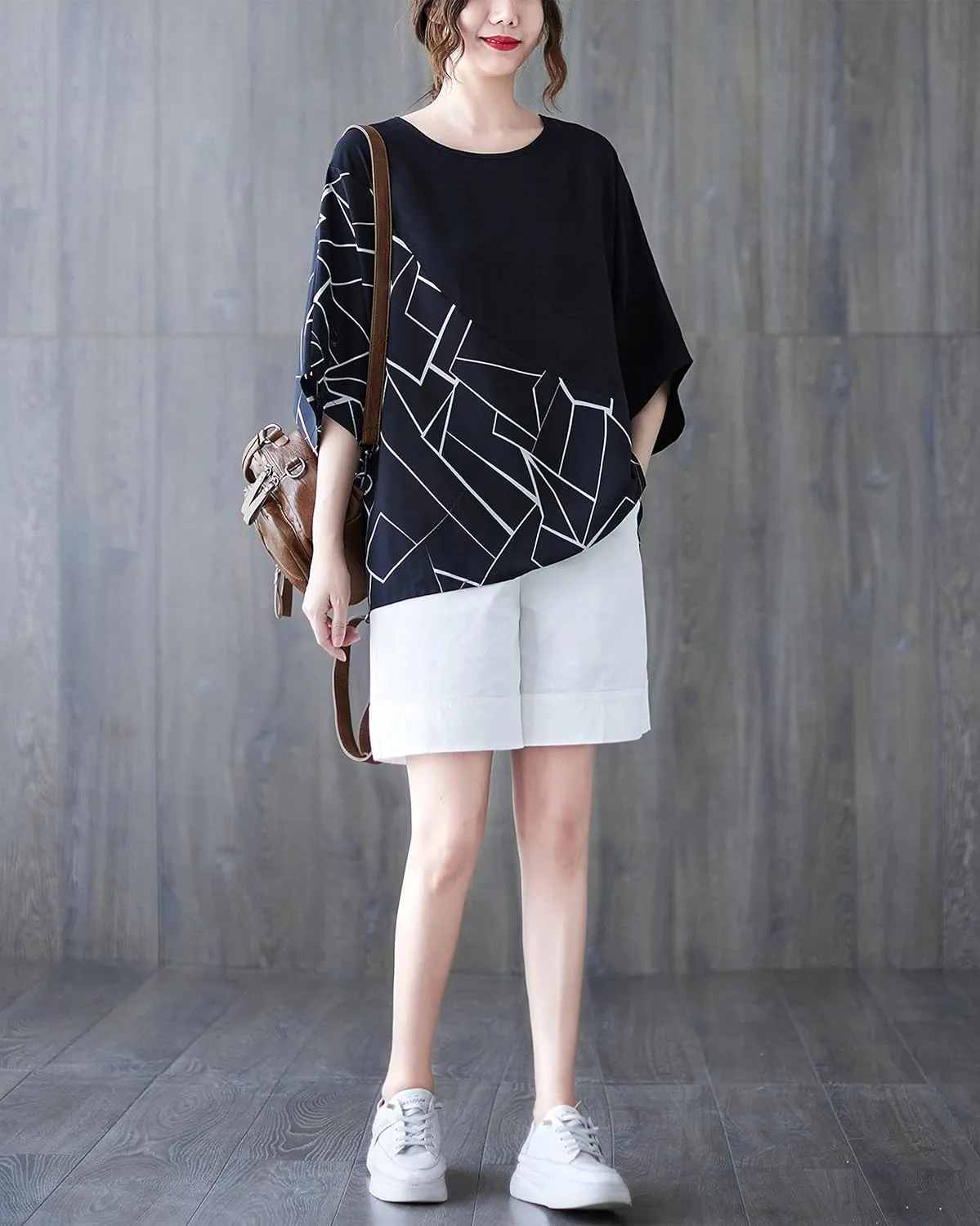ellazhu Women Half Sleeves Crewneck Patchwork Tops Oversized T-Shirt Blouse GA2565