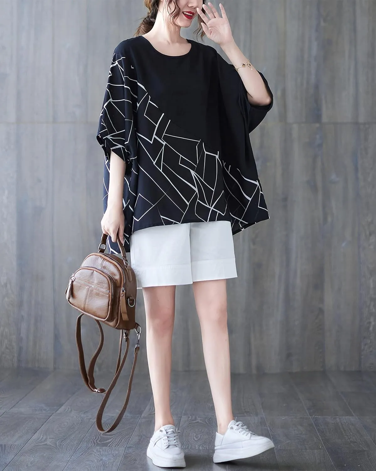ellazhu Women Half Sleeves Crewneck Patchwork Tops Oversized T-Shirt Blouse GA2565