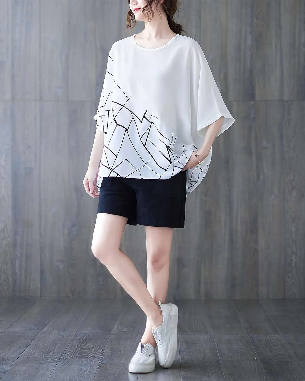 ellazhu Women Half Sleeves Crewneck Patchwork Tops Oversized T-Shirt Blouse GA2565