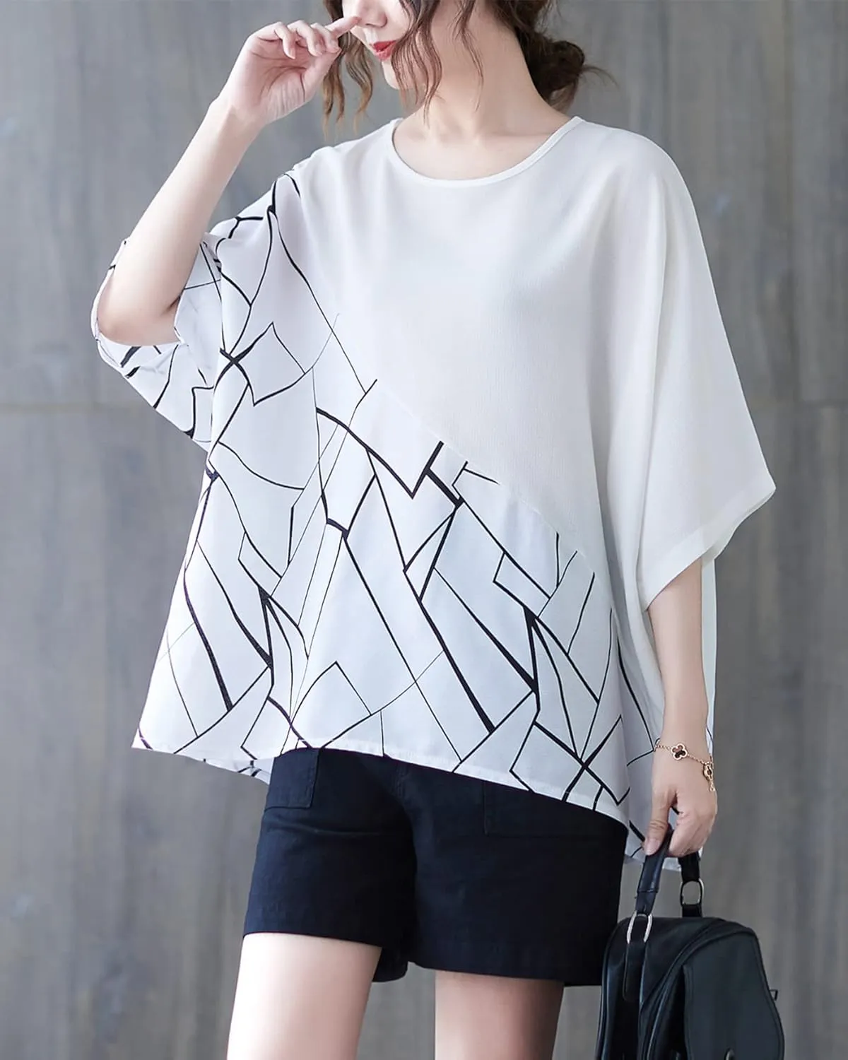 ellazhu Women Half Sleeves Crewneck Patchwork Tops Oversized T-Shirt Blouse GA2565
