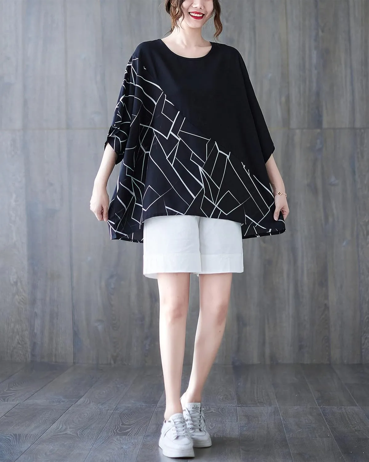 ellazhu Women Half Sleeves Crewneck Patchwork Tops Oversized T-Shirt Blouse GA2565