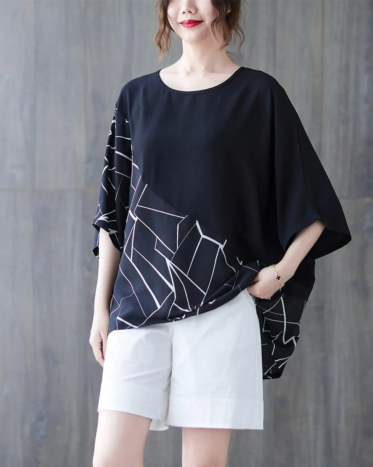 ellazhu Women Half Sleeves Crewneck Patchwork Tops Oversized T-Shirt Blouse GA2565