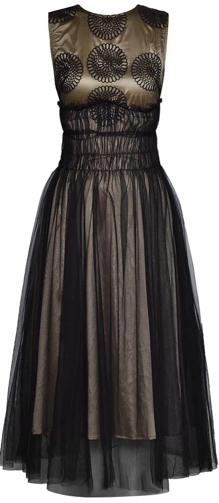 Embroidered Tulle-Overlay Midi Dress