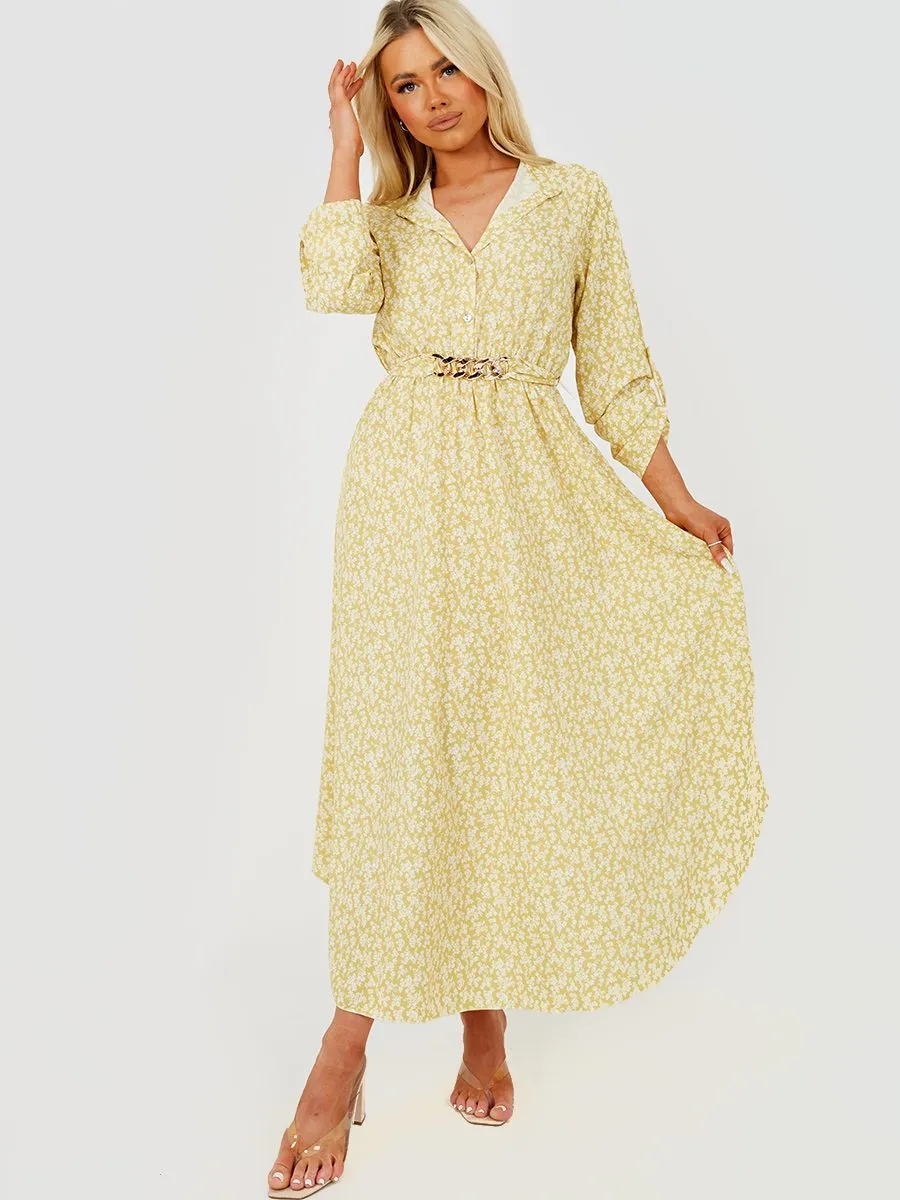 Erica Chain Detail Floral Print Maxi Dress In Yellow