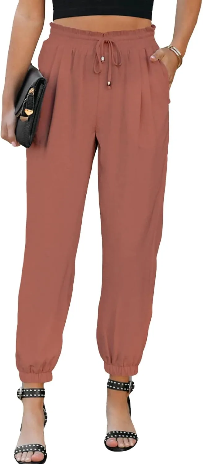 EVALESS Womens 2025 Summer Casual Pants Drawstring Elastic High Waisted Work Trousers Joggers Trendy Harem Pants with Pockets