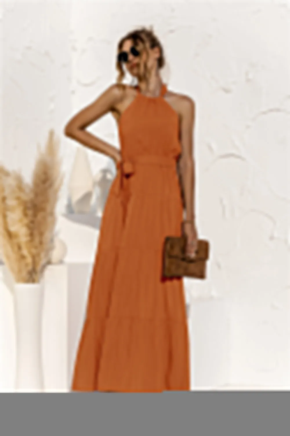 Halter Neck Tie Waist Tiered Maxi Dress