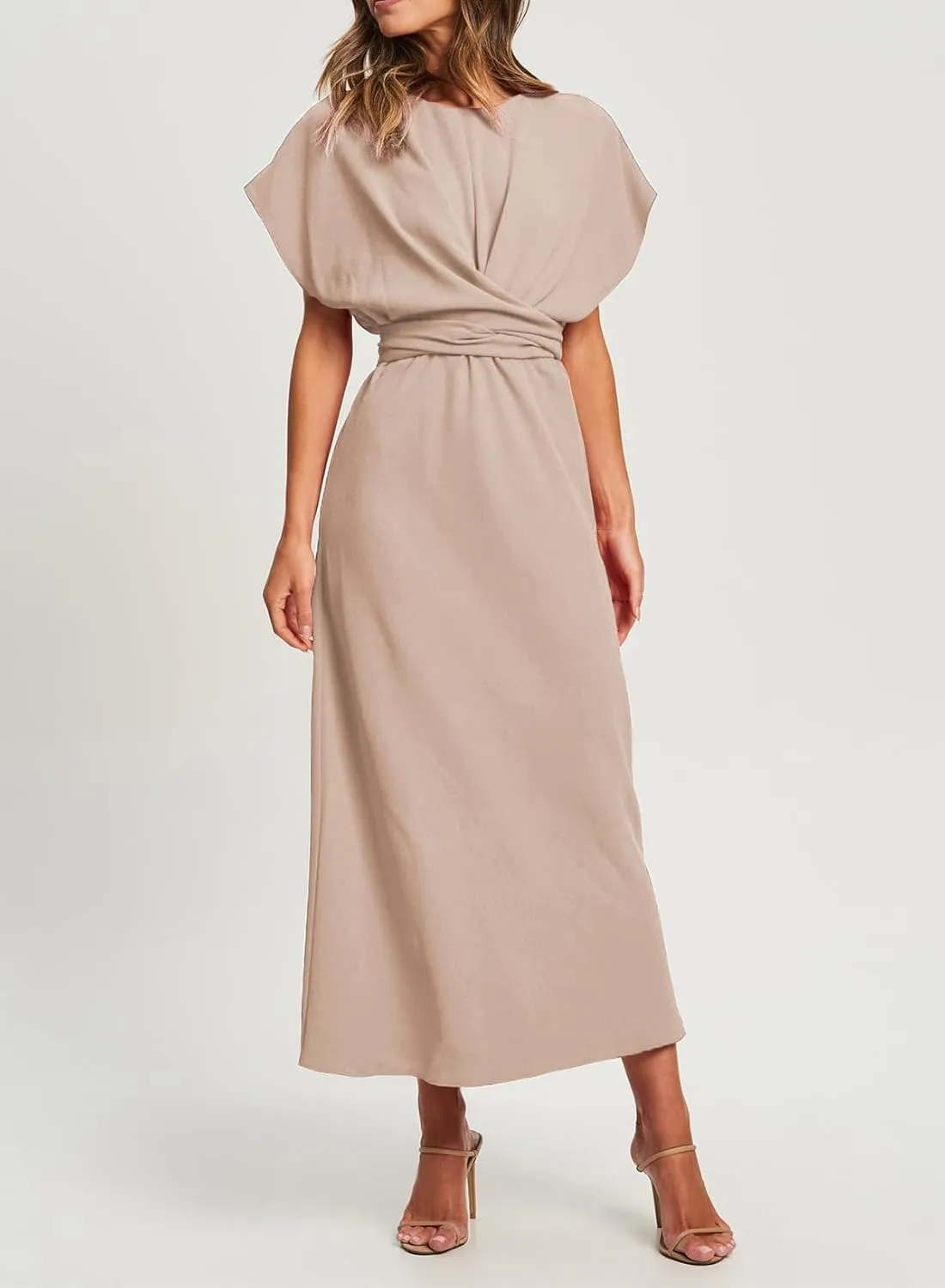 Happy Sailed Womens Formal Dress 2025 Trendy Elegant Batwing Sleeve Front Wrap Tie Waist Long Maxi Cocktail Party Dresses