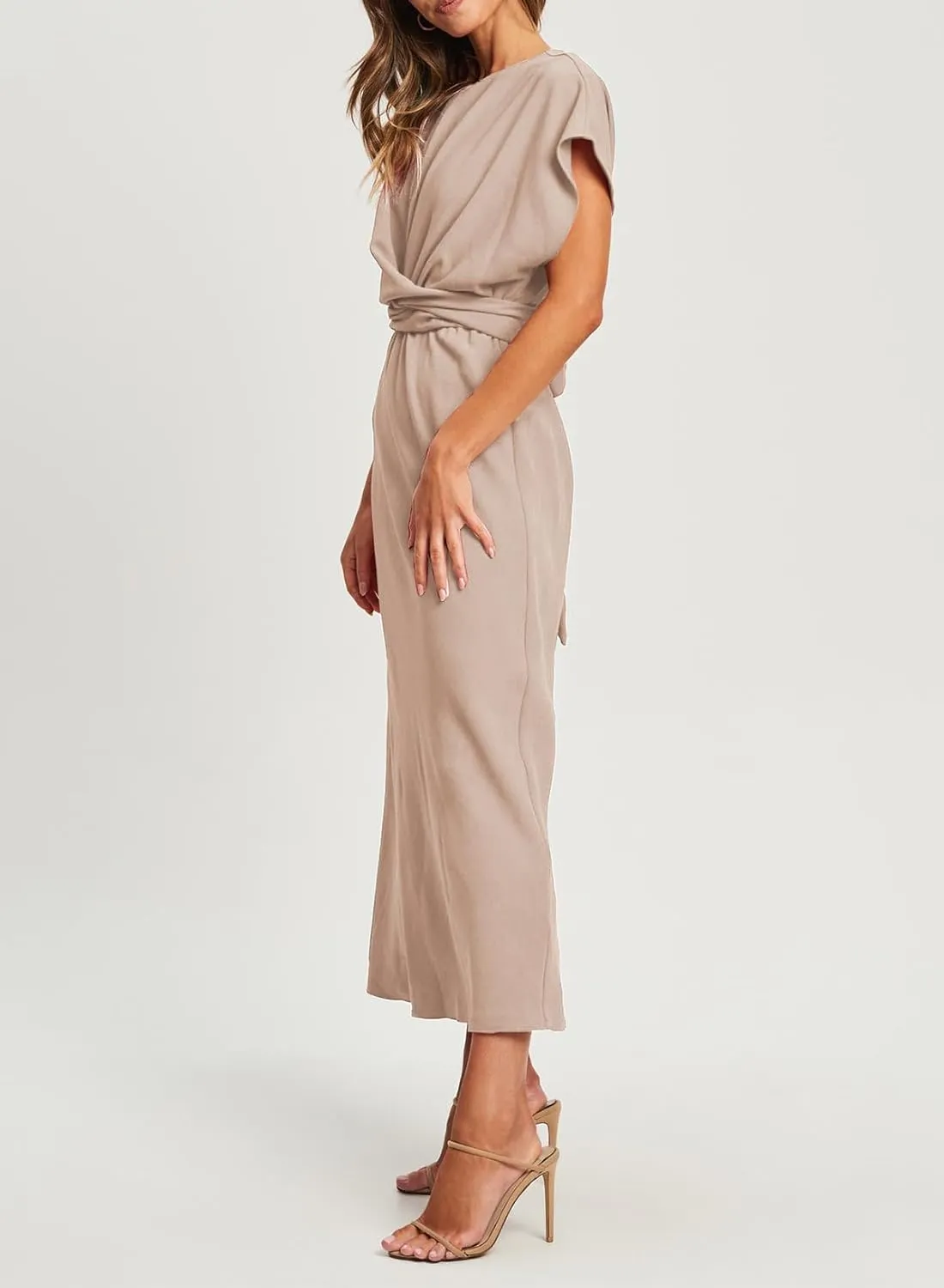 Happy Sailed Womens Formal Dress 2025 Trendy Elegant Batwing Sleeve Front Wrap Tie Waist Long Maxi Cocktail Party Dresses
