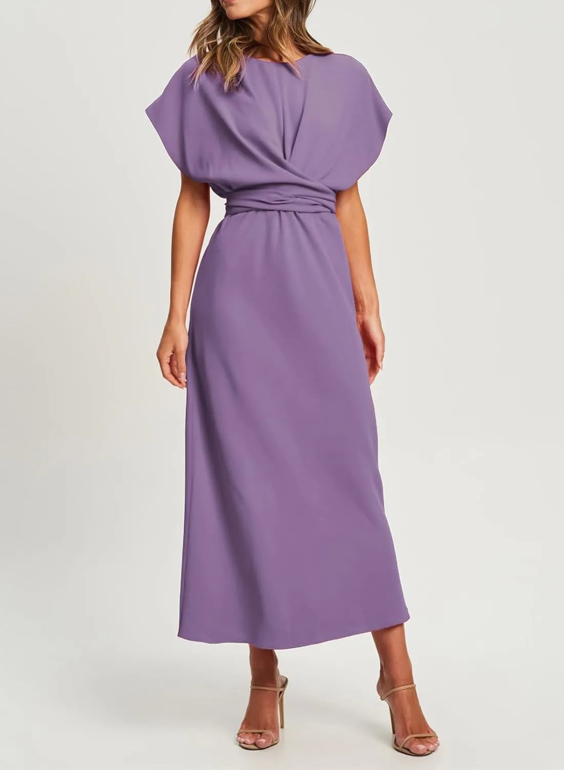 Happy Sailed Womens Formal Dress 2025 Trendy Elegant Batwing Sleeve Front Wrap Tie Waist Long Maxi Cocktail Party Dresses