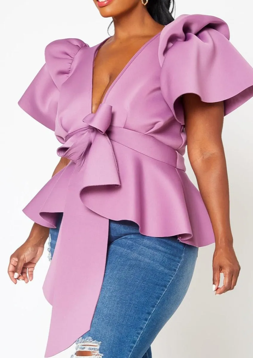HI Curvy Plus Size Women Tie Front Ruffle Peplum Blouse
