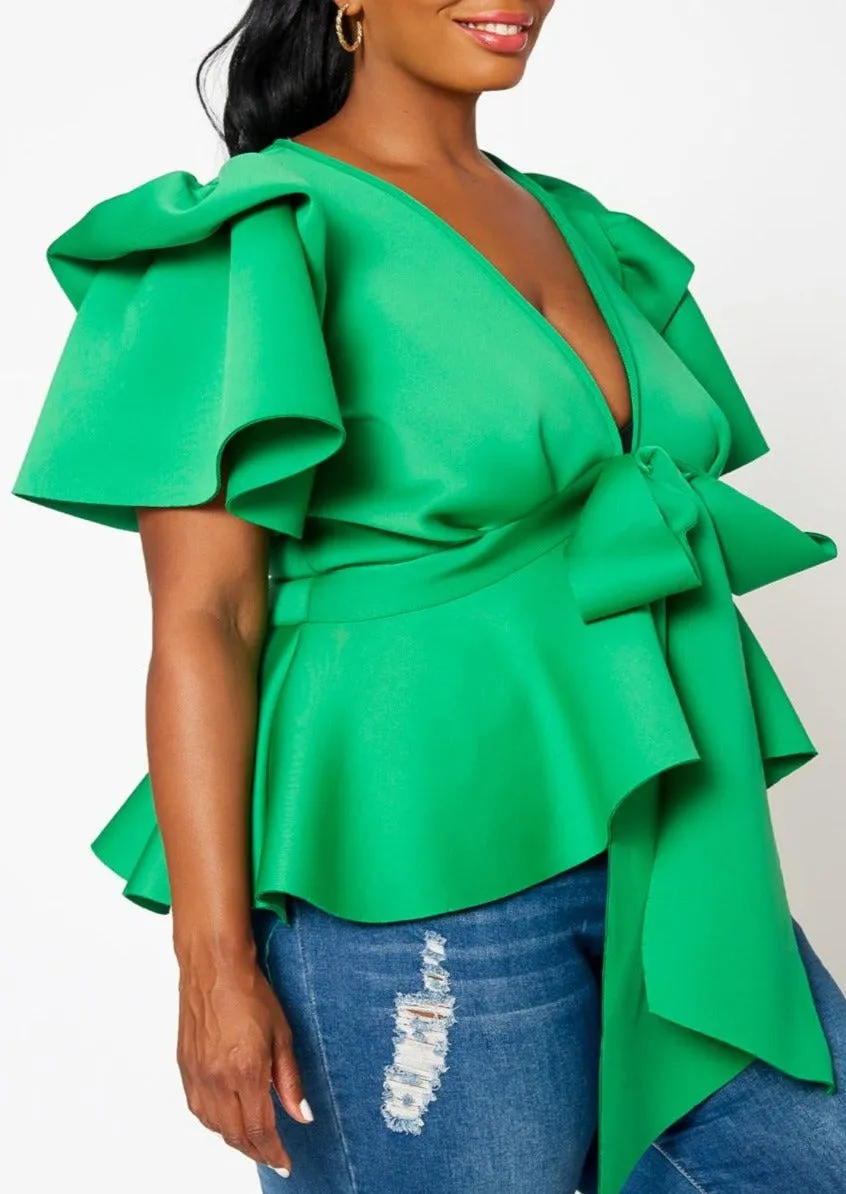 HI Curvy Plus Size Women Tie Front Ruffle Peplum Blouse