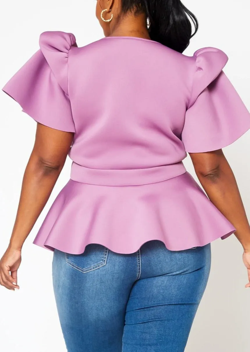 HI Curvy Plus Size Women Tie Front Ruffle Peplum Blouse