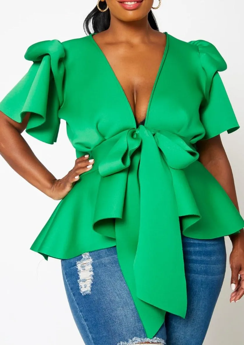 HI Curvy Plus Size Women Tie Front Ruffle Peplum Blouse