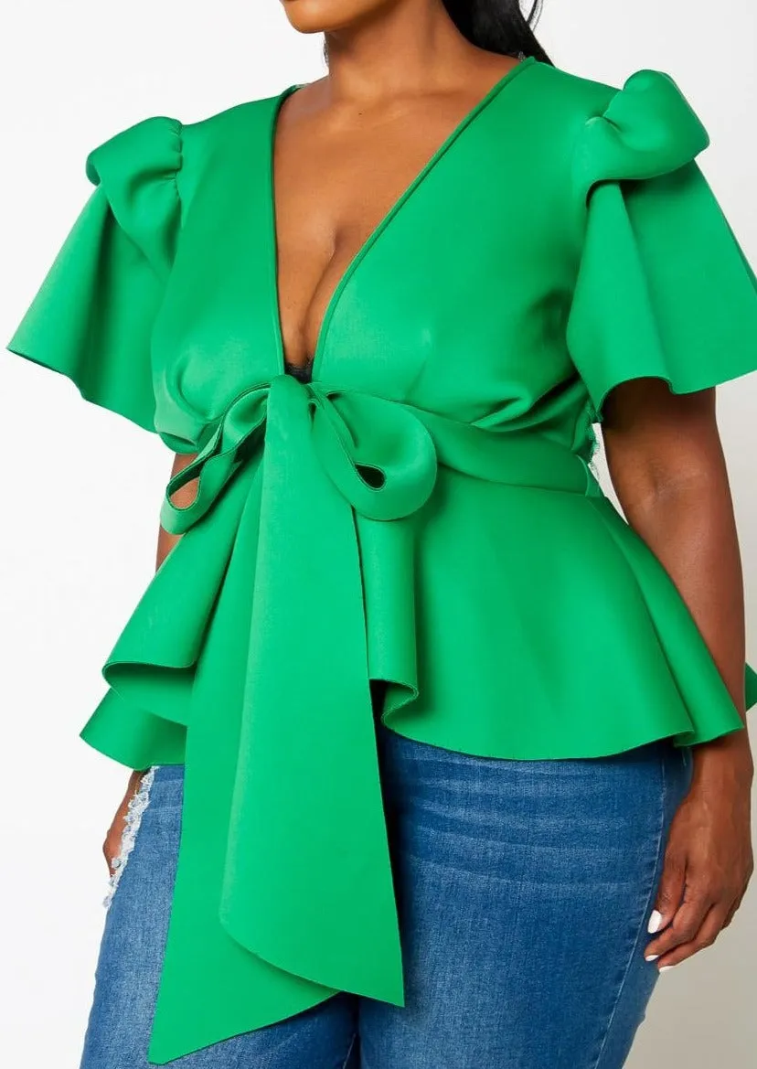 HI Curvy Plus Size Women Tie Front Ruffle Peplum Blouse