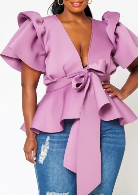 HI Curvy Plus Size Women Tie Front Ruffle Peplum Blouse