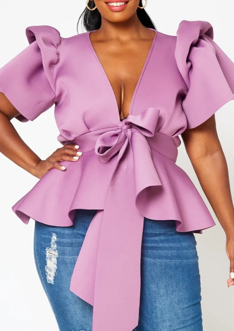HI Curvy Plus Size Women Tie Front Ruffle Peplum Blouse