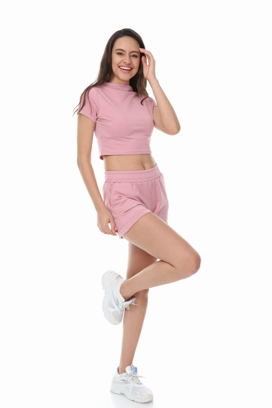 HIGH NECK CROP TOP SHORTS PINK 2 PIECE MATCHING SET