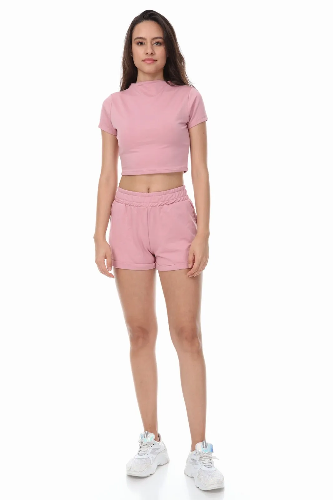 HIGH NECK CROP TOP SHORTS PINK 2 PIECE MATCHING SET