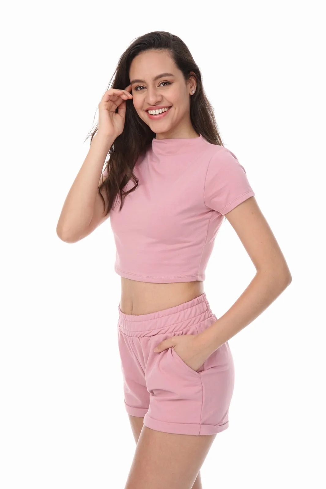 HIGH NECK CROP TOP SHORTS PINK 2 PIECE MATCHING SET