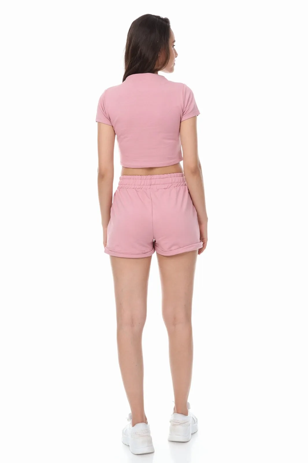 HIGH NECK CROP TOP SHORTS PINK 2 PIECE MATCHING SET