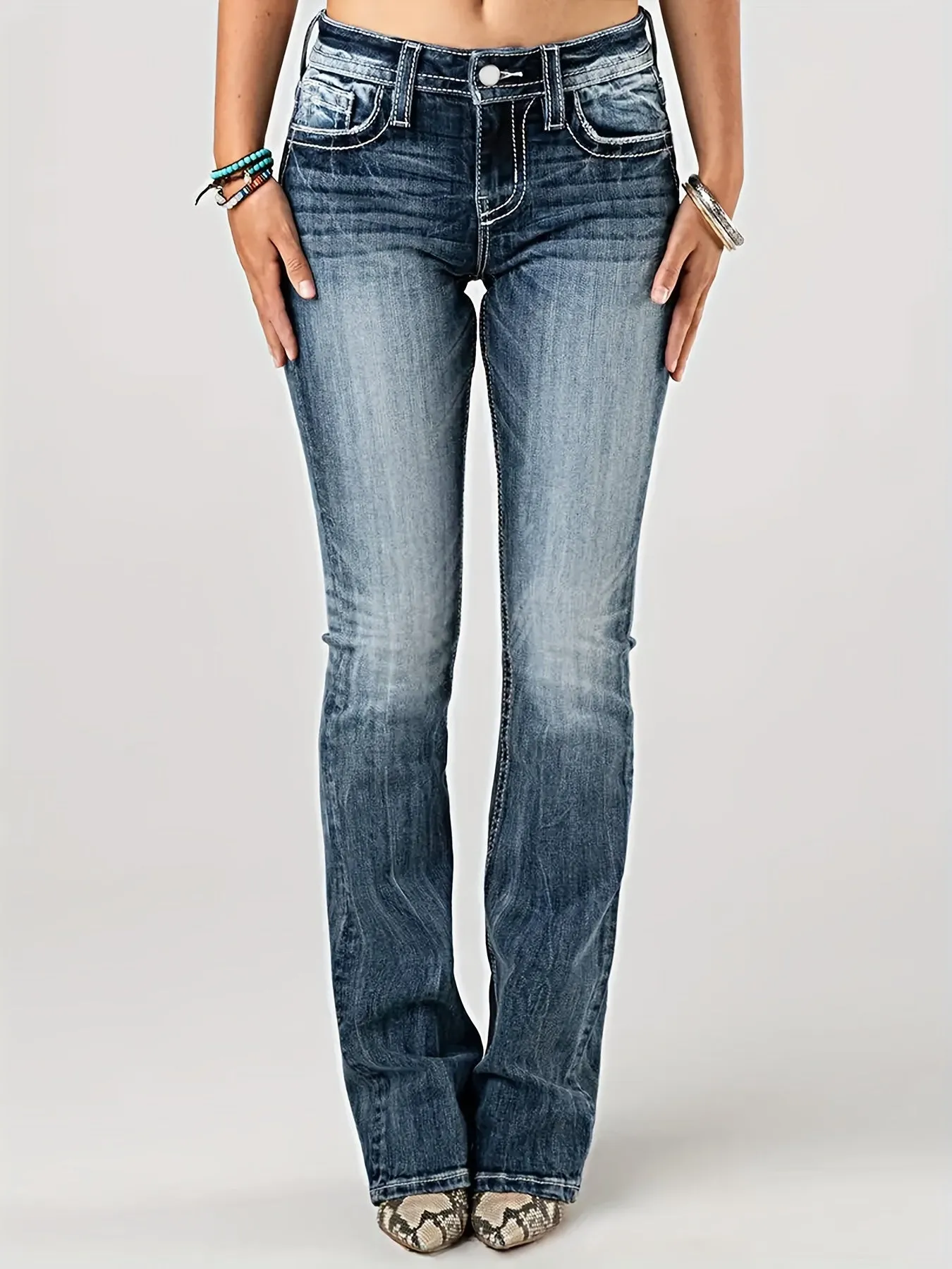 High-Waisted Wing Embroidered Distressed Jeans - Stretchy, Butt-Lifting, Faded, Ripped, Casual Denim Pants for Women - Comfortable, Fashionable, and Versatile Clothing