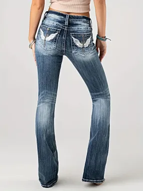 High-Waisted Wing Embroidered Distressed Jeans - Stretchy, Butt-Lifting, Faded, Ripped, Casual Denim Pants for Women - Comfortable, Fashionable, and Versatile Clothing