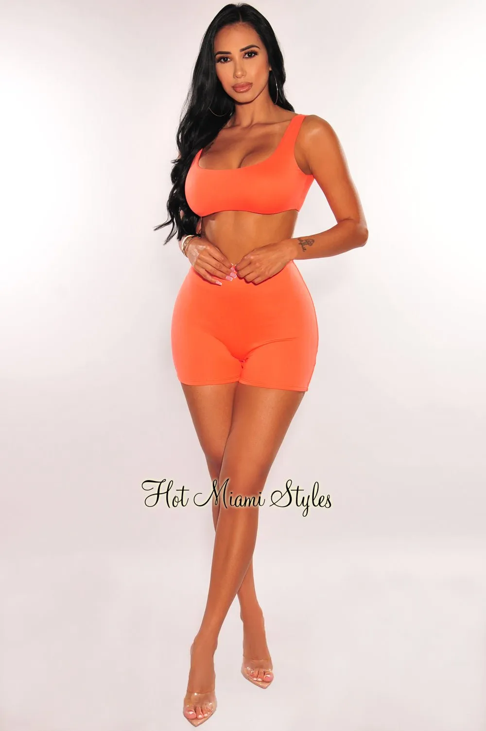 HMS Essential: Tangerine Crop Top Biker Shorts Two Piece Set
