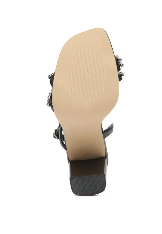 Horizon Raisins Embellished Square Toe Block Heel Sandals