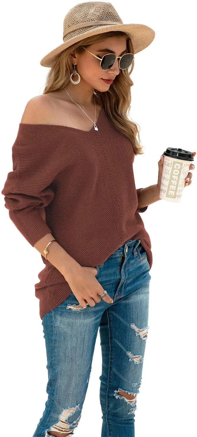 Iandroiy Women's Batwing Sleeve Off Shoulder Loose Oversized Baggy Tops Sweater Pullover Casual Blouse T-Shirt