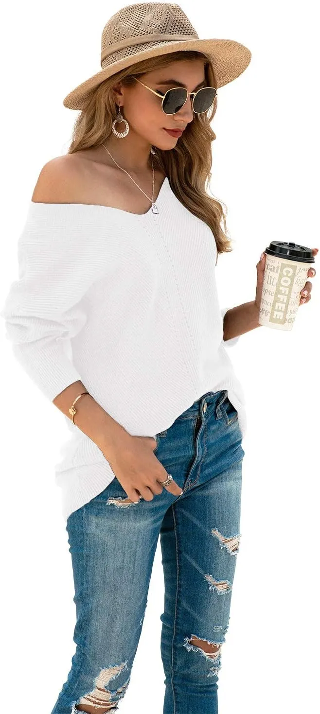 Iandroiy Women's Batwing Sleeve Off Shoulder Loose Oversized Baggy Tops Sweater Pullover Casual Blouse T-Shirt