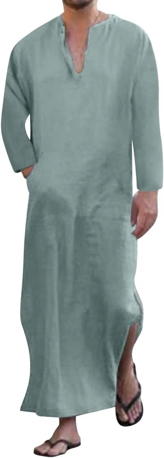 Jacansi Men's V-neck Short Sleeve Robe Side Split Kaftan Cotton Long Gown Thobe S-3XL