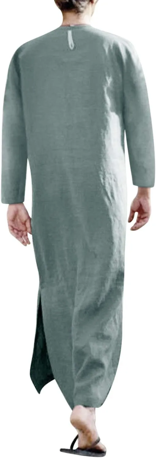 Jacansi Men's V-neck Short Sleeve Robe Side Split Kaftan Cotton Long Gown Thobe S-3XL