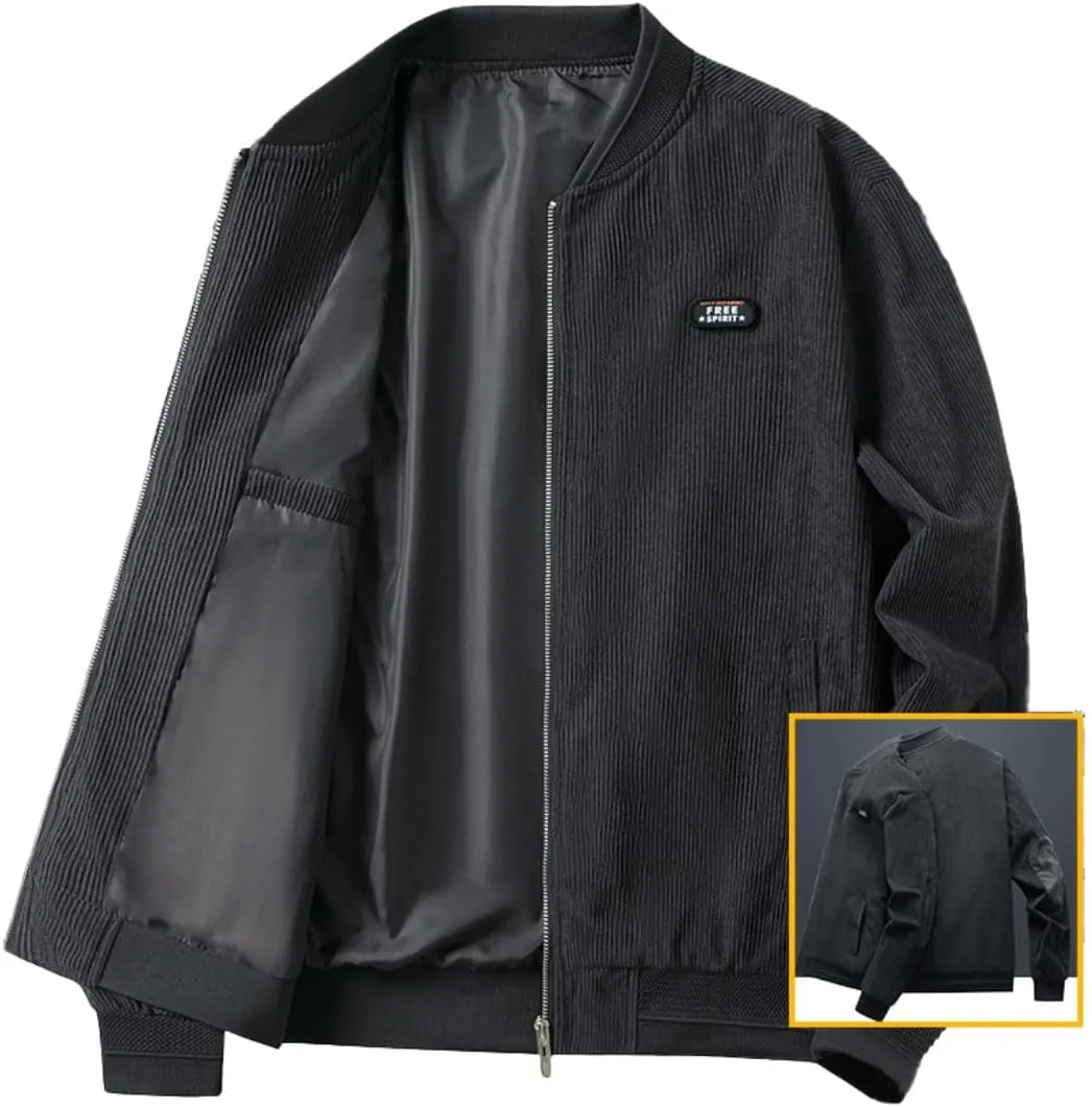 Kwoki Men's Corduroy Jacket Full Zip Casual Lightweight Slim Fit Bomber Jackets Coat with Pockets