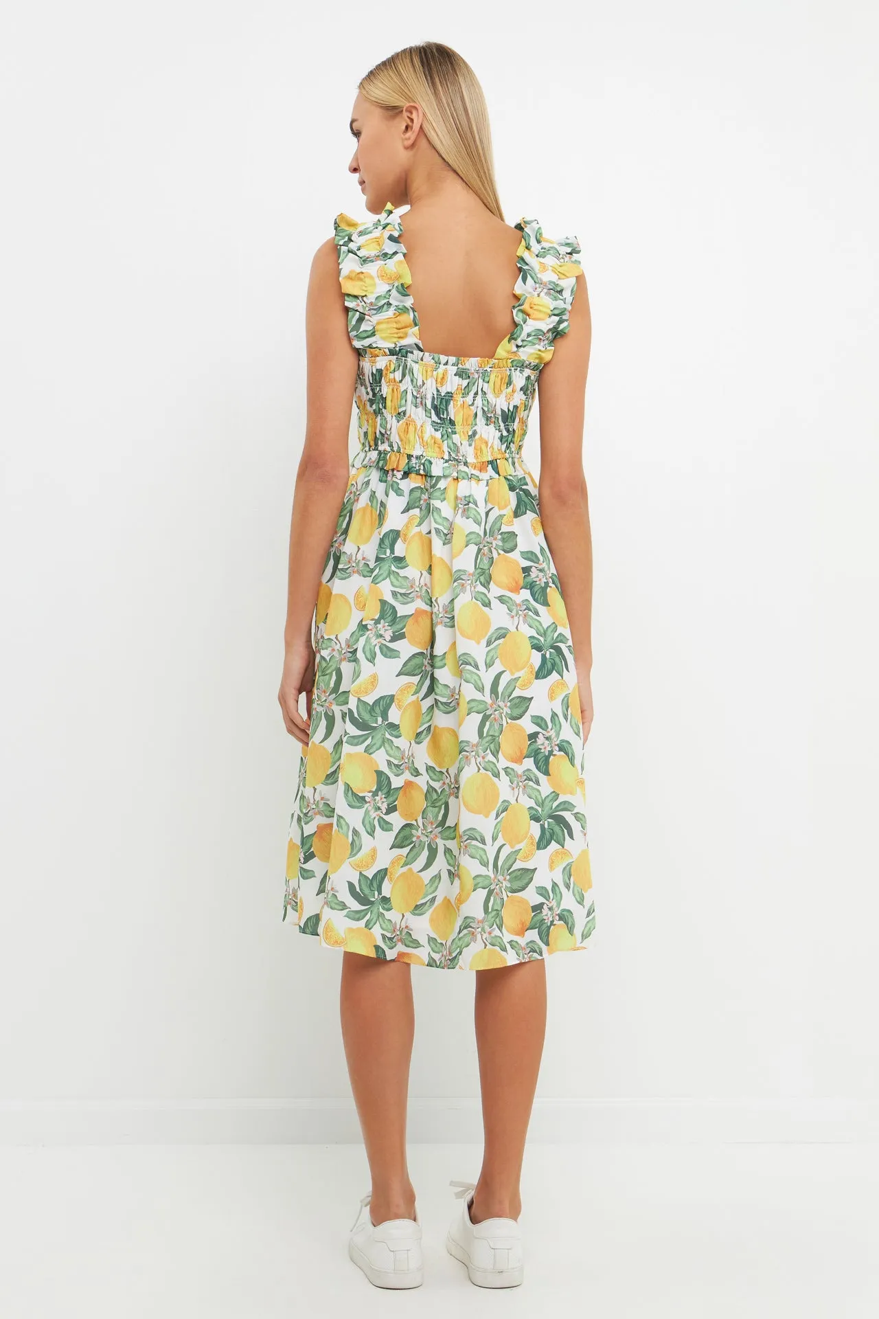 Lemon Print Smocked Bodice Midi Dress