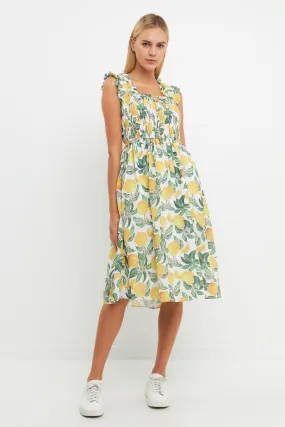 Lemon Print Smocked Bodice Midi Dress