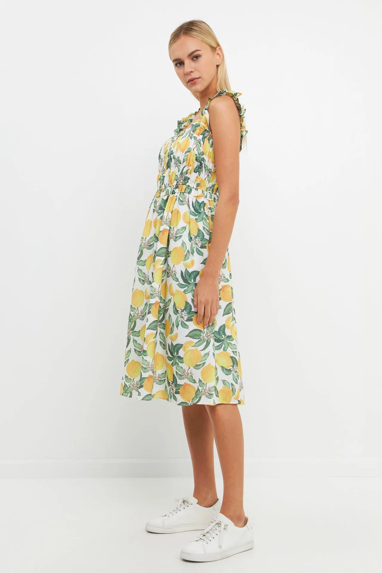 Lemon Print Smocked Bodice Midi Dress