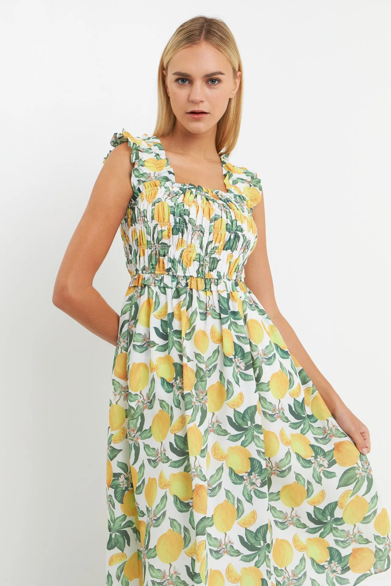 Lemon Print Smocked Bodice Midi Dress