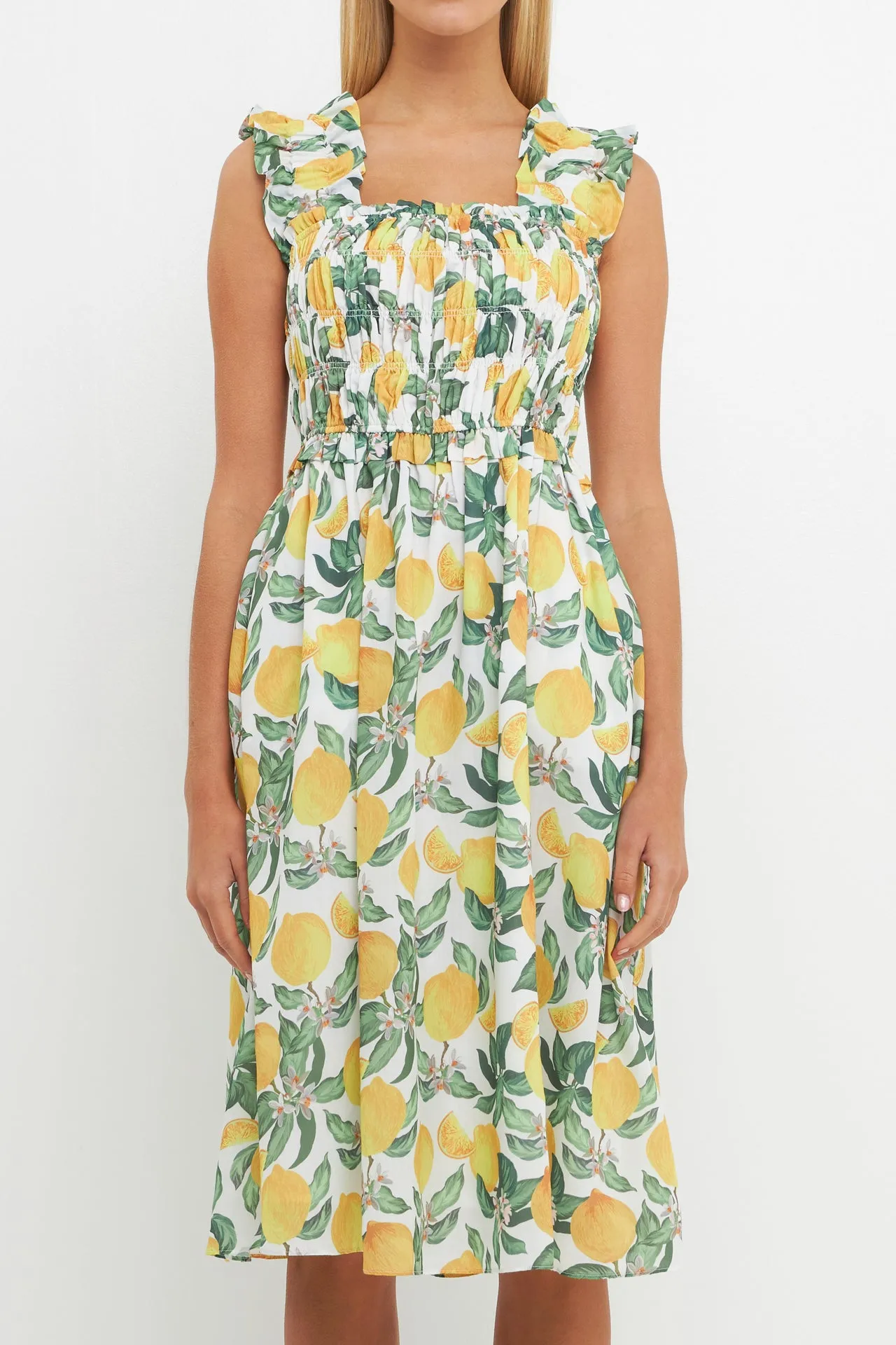 Lemon Print Smocked Bodice Midi Dress