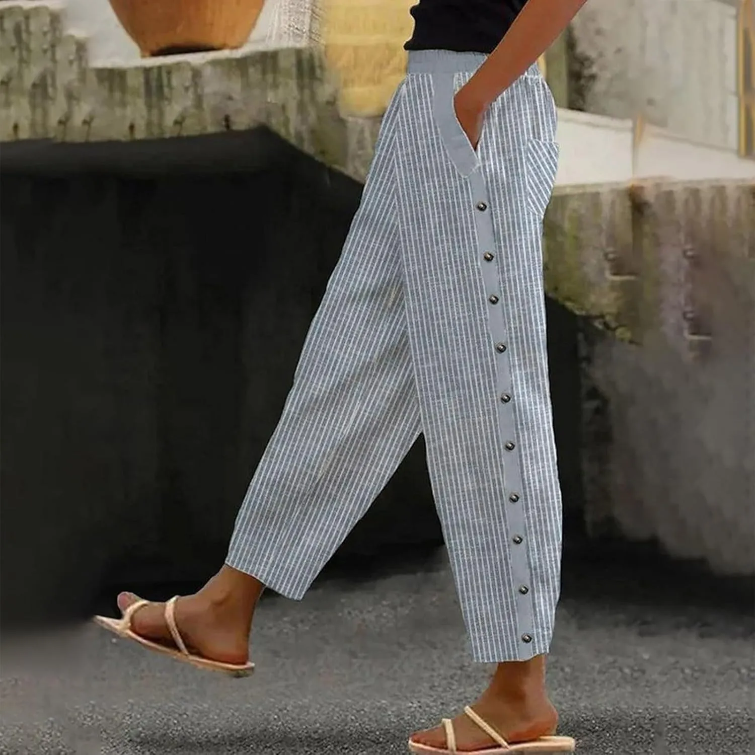 Linen Capris for Women Lightweight Summer Pants Drawstring Elastic Waisted Vacation Beach Linen Pants Casual Travel Trousers