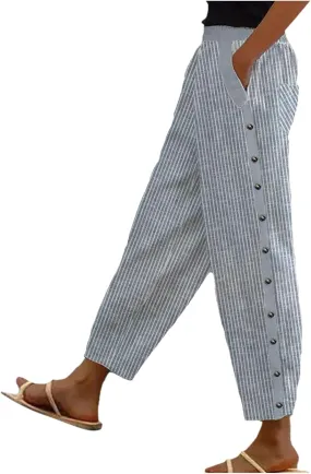 Linen Capris for Women Lightweight Summer Pants Drawstring Elastic Waisted Vacation Beach Linen Pants Casual Travel Trousers
