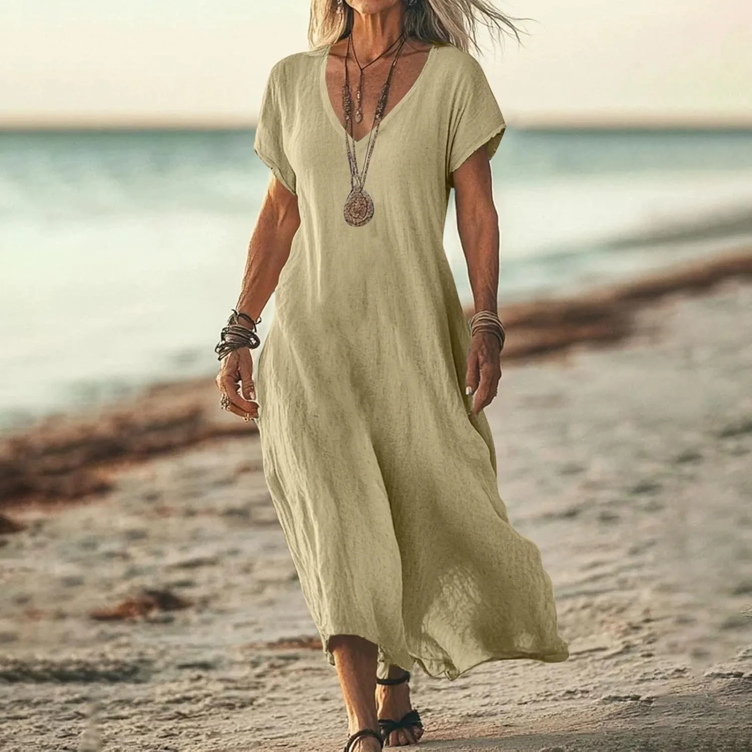 Linen Casual Dresses for Women Flowy V Neck Short Sleeve Solid Maxi Dress Lightweight Summer Beach Vacation Clothes