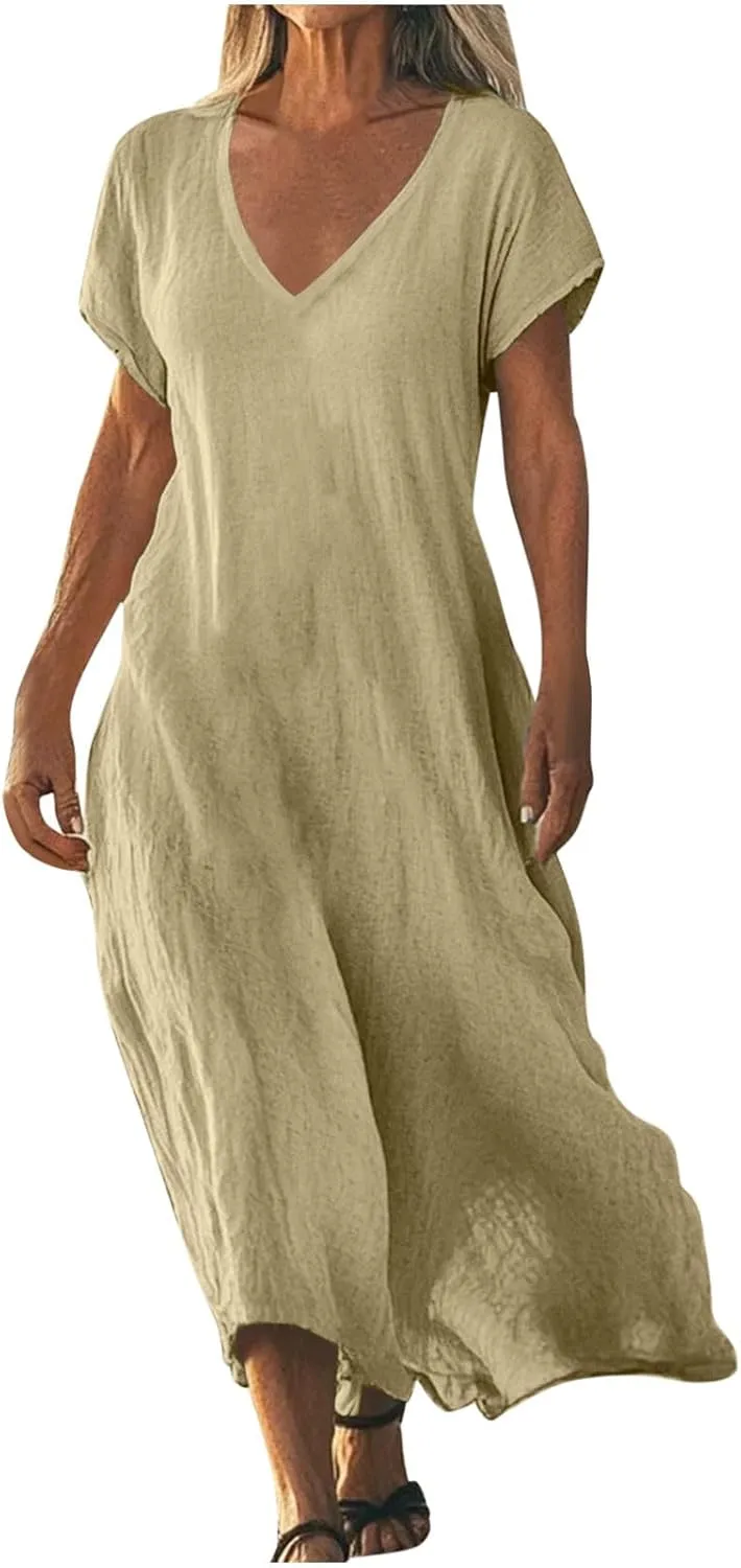 Linen Casual Dresses for Women Flowy V Neck Short Sleeve Solid Maxi Dress Lightweight Summer Beach Vacation Clothes