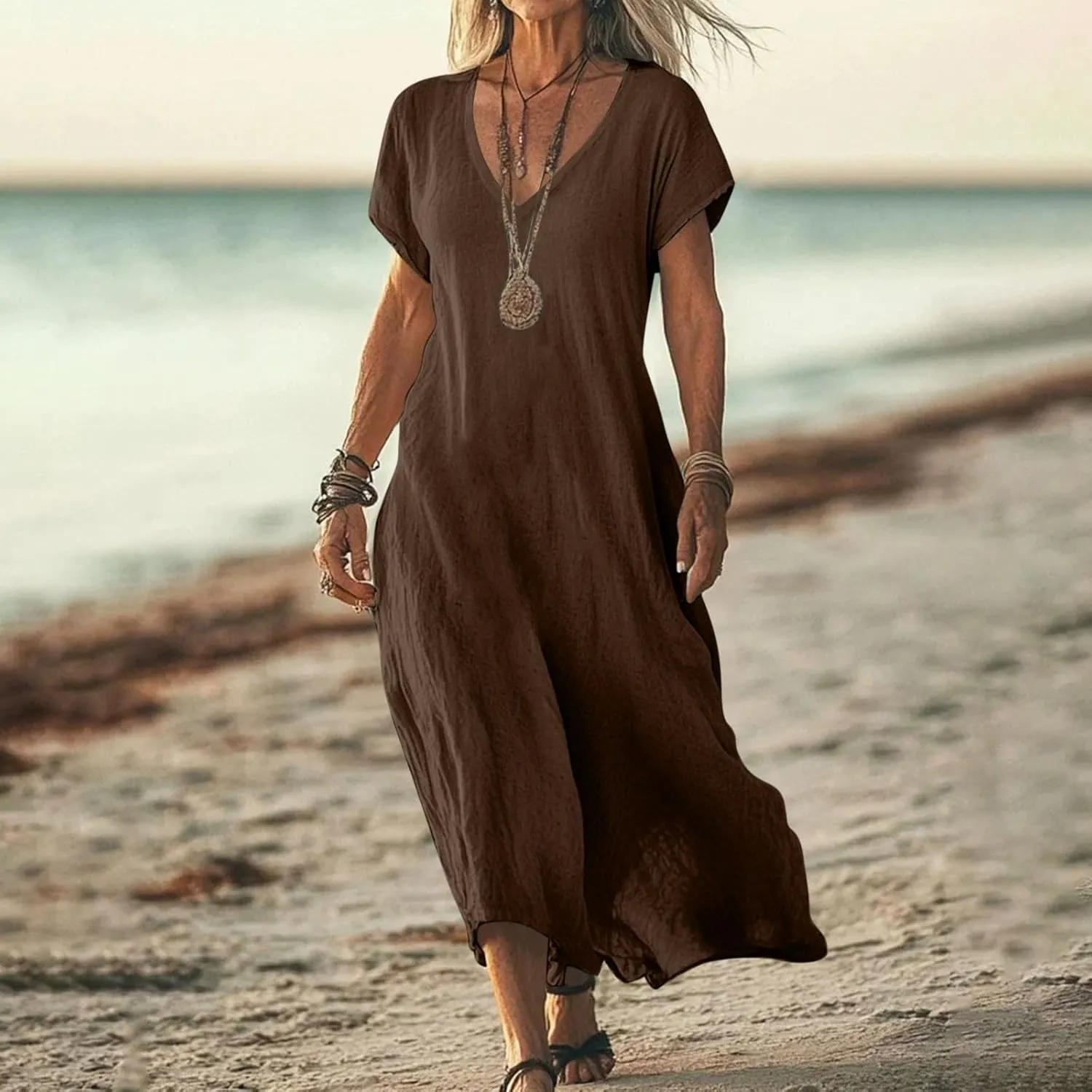Linen Casual Dresses for Women Flowy V Neck Short Sleeve Solid Maxi Dress Lightweight Summer Beach Vacation Clothes