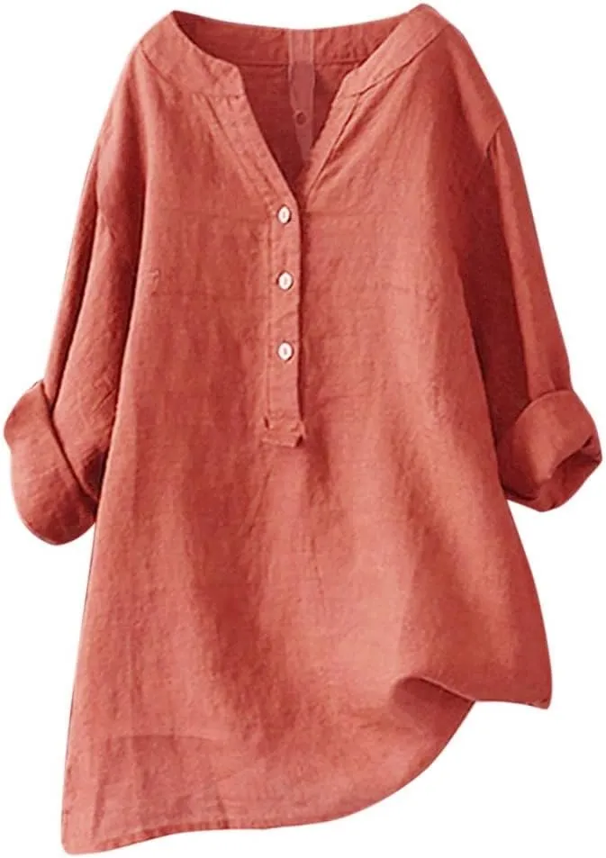 Linen Shirts for Women 2024 Plus Size 3/4 Length Sleeve Tops Casual Loose Fit Round Neck Tees Summer Fashion Blouse Business Casual Tops for Women Blouses for Women Dressy Casual Womens Tank Tops
