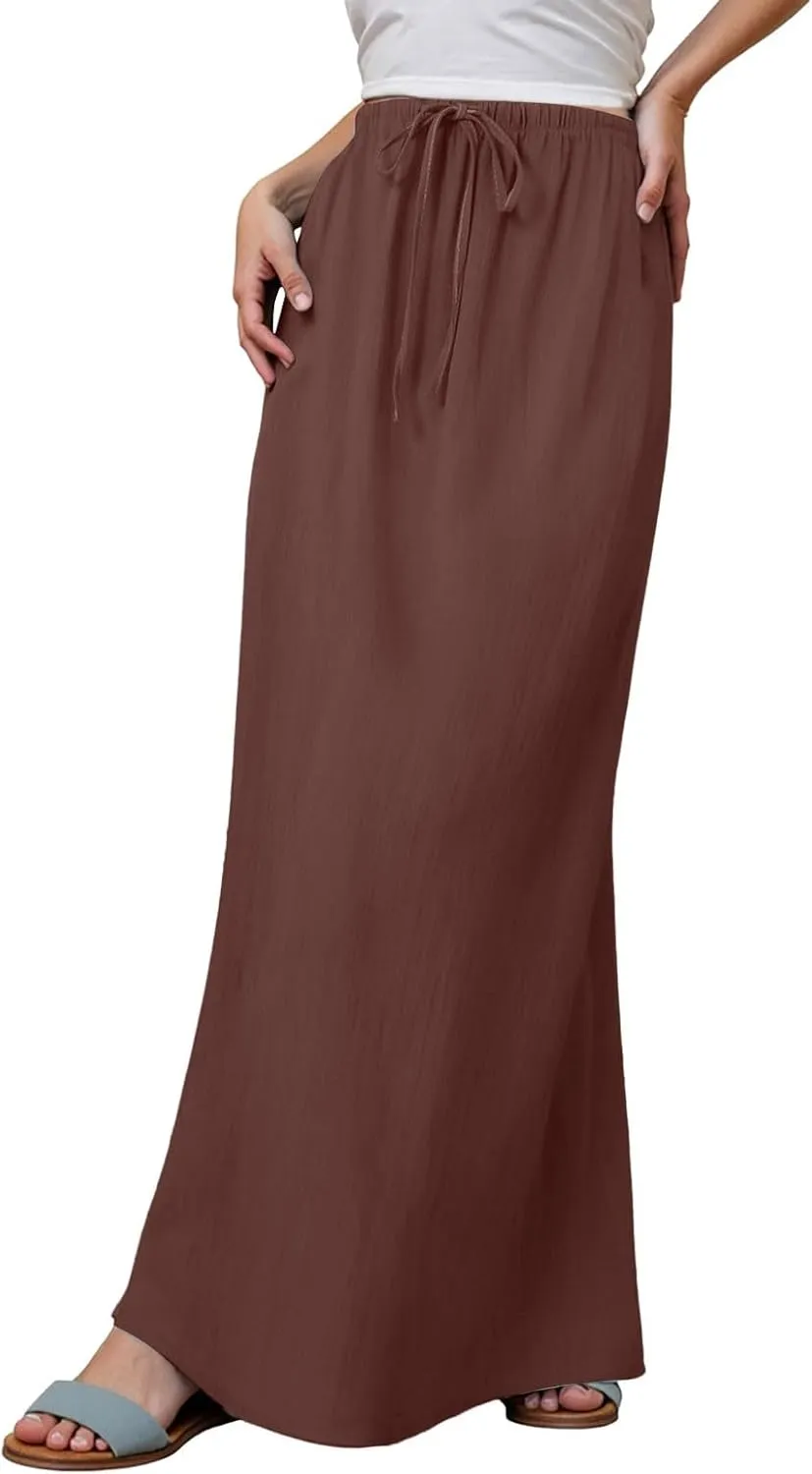Long Skirts for Women Linen Drawstring High Waist Bodycon Maxi Skirts Boho Flowy Trendy Beach Vacation Summer 2025
