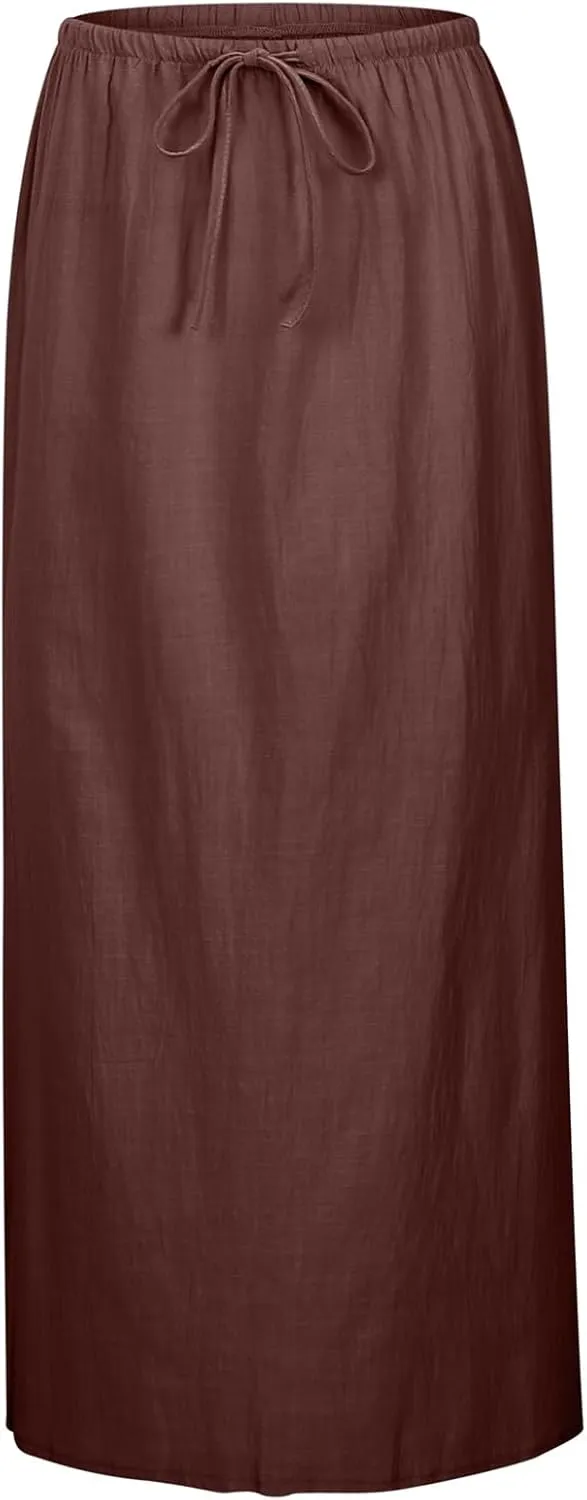 Long Skirts for Women Linen Drawstring High Waist Bodycon Maxi Skirts Boho Flowy Trendy Beach Vacation Summer 2025