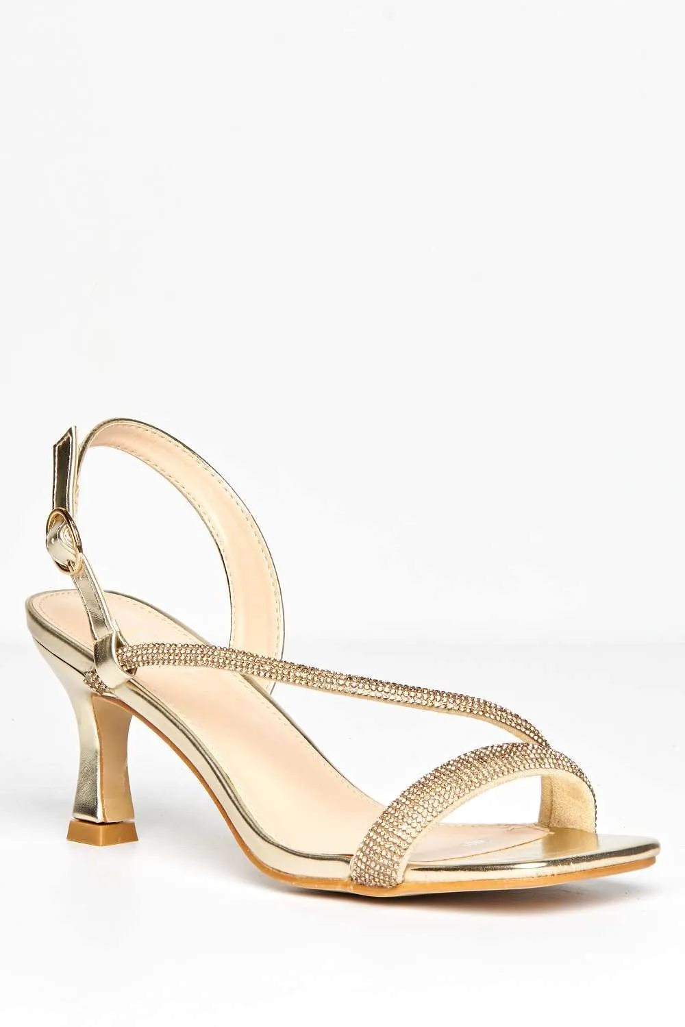 Lorenza Diamante Embellished Square Toe Heeled Sandals in Gold