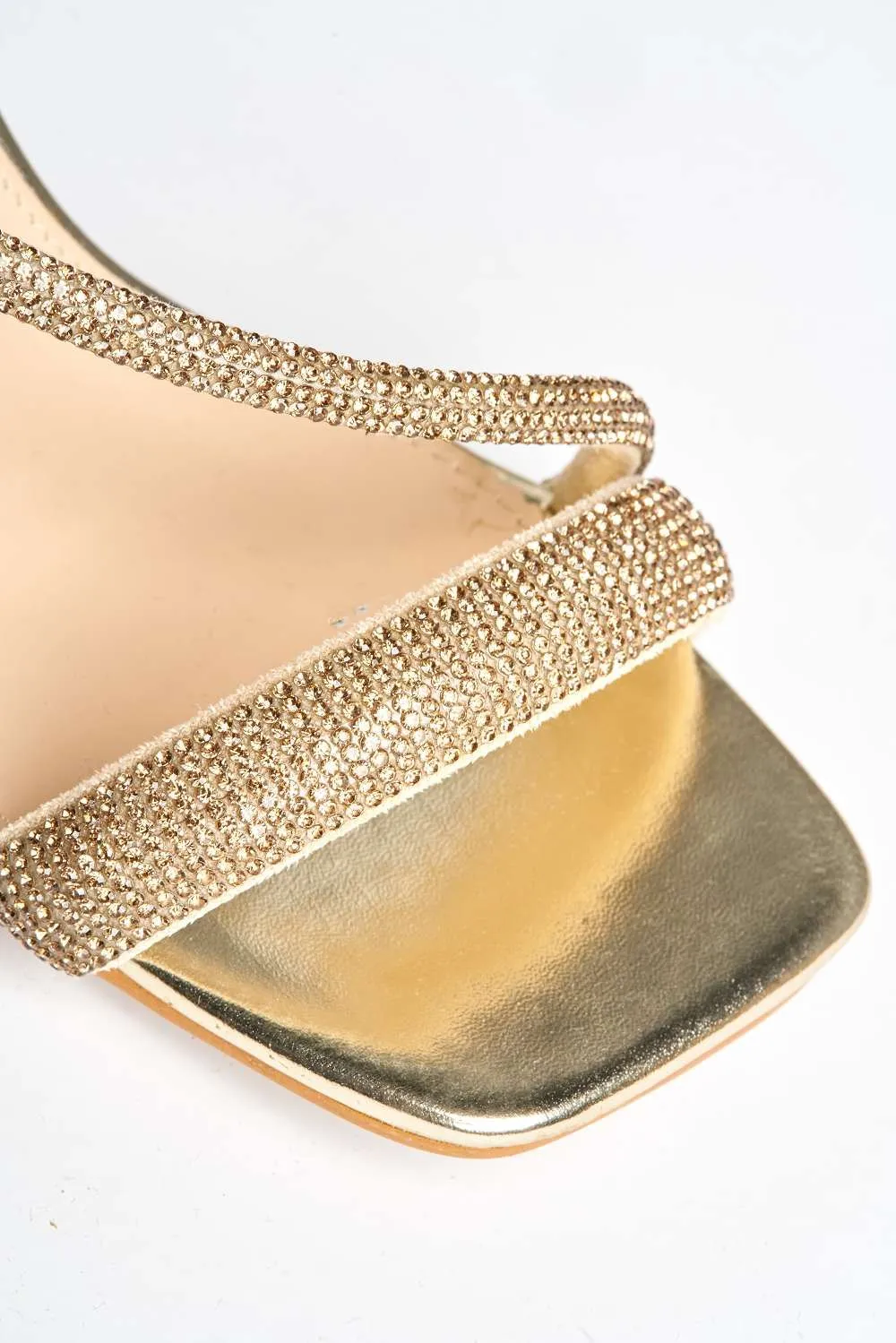 Lorenza Diamante Embellished Square Toe Heeled Sandals in Gold
