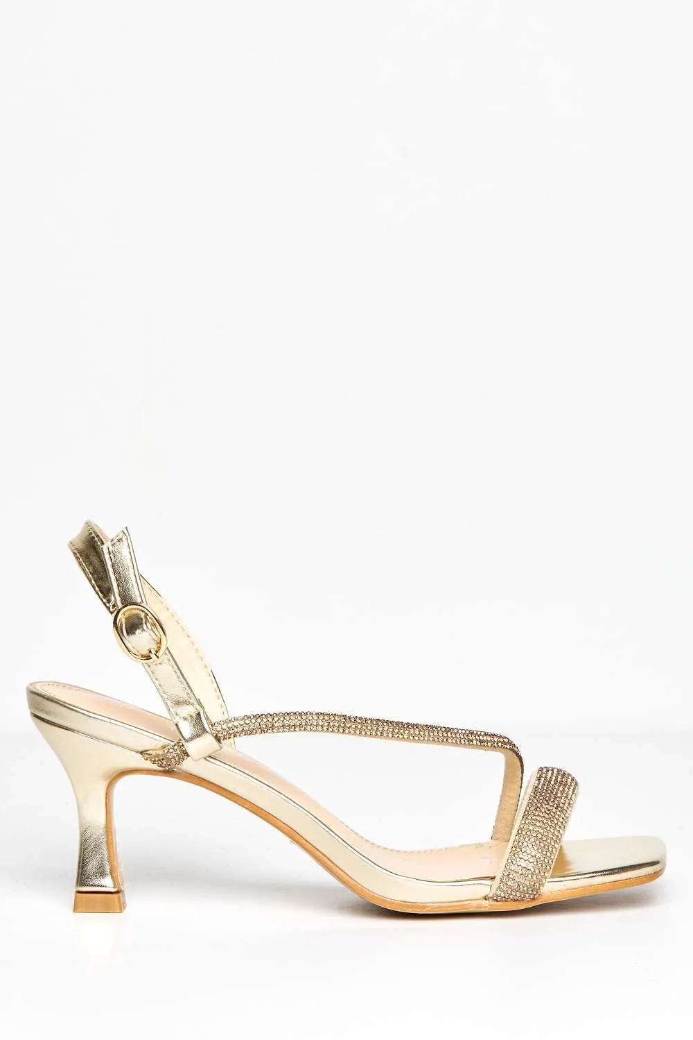 Lorenza Diamante Embellished Square Toe Heeled Sandals in Gold