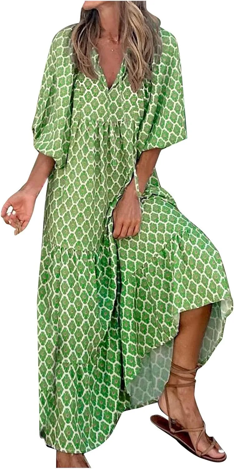 Maxi Dresses for Women Print Middle-Sleeves Ruffle Stitching Dresses Loose Soft Flowy Dress